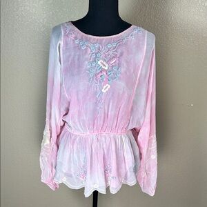 LoveShackFancy Pink Sheer Embroidered Blouse long Billowy Sleeves Size Large